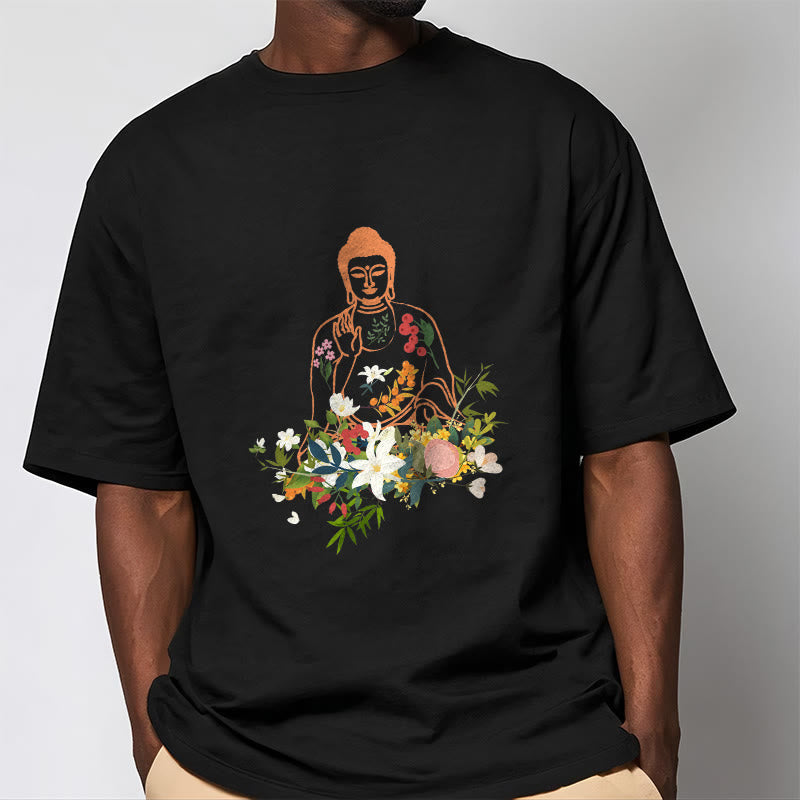 Nimara Ritual Meditating Buddha Blooming Flowers Pattern Tee T-shirt