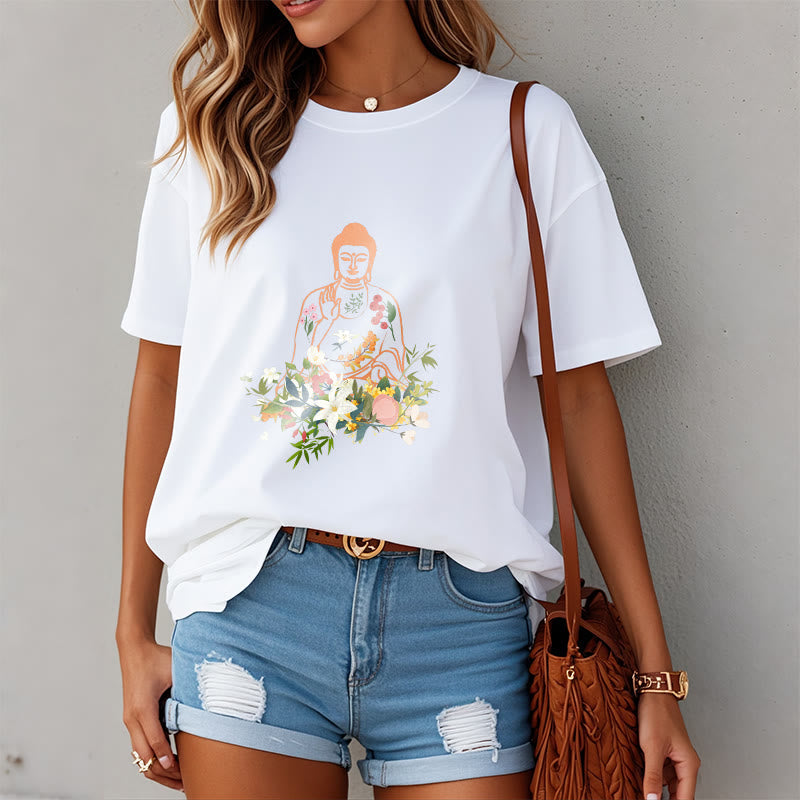 Nimara Ritual Meditating Buddha Blooming Flowers Pattern Tee T-shirt