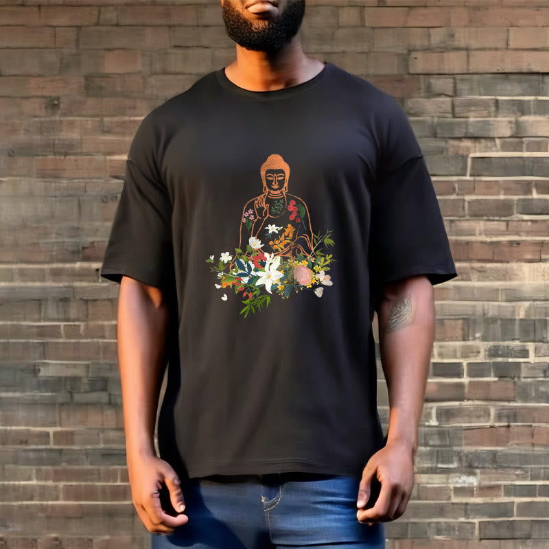 Nimara Ritual Meditating Buddha Blooming Flowers Pattern Tee T-shirt