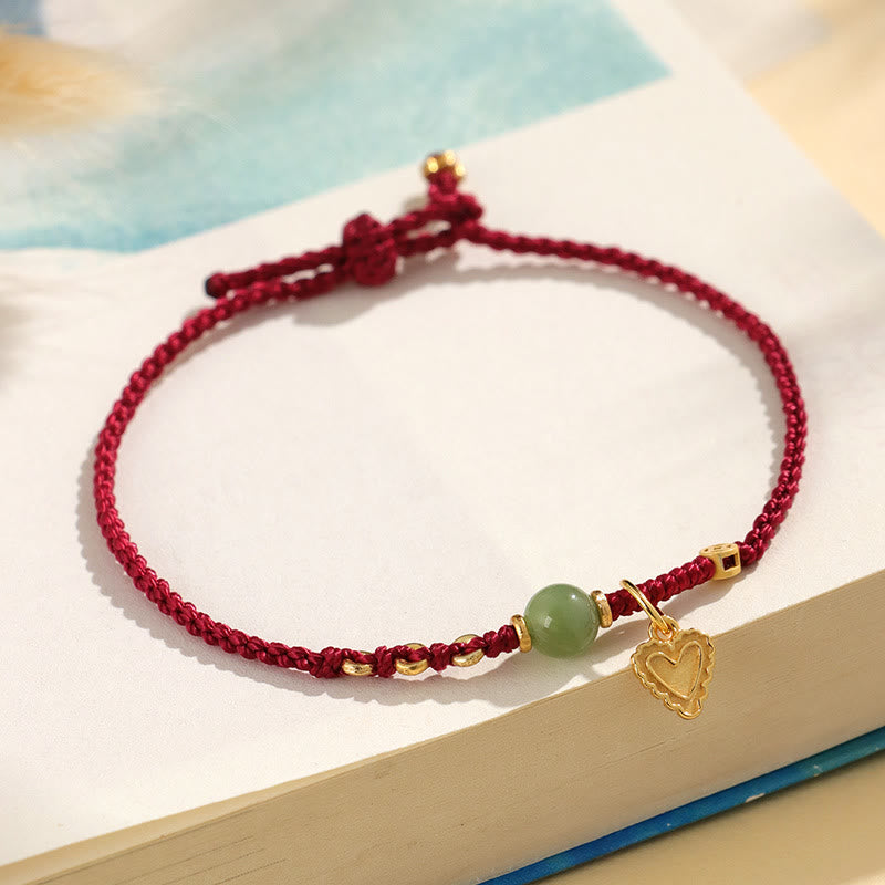 Nimara Ritual 925 Sterling Silver Hetian Jade Bead Copper Coin Love Heart Charm Luck Bracelet