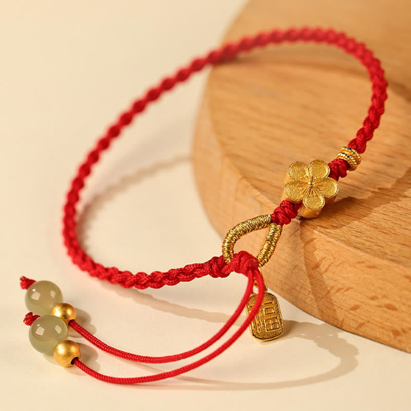 Nimara Ritual Hetian Jade Small Peach Blossom Fu Character Charm Luck String Bracelet