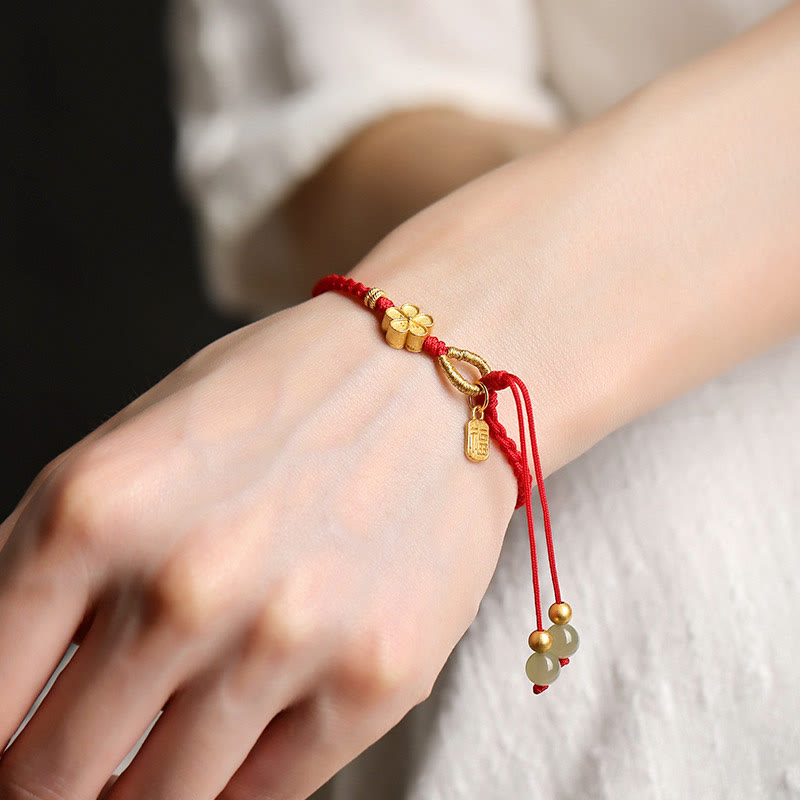 Nimara Ritual Hetian Jade Small Peach Blossom Fu Character Charm Luck String Bracelet