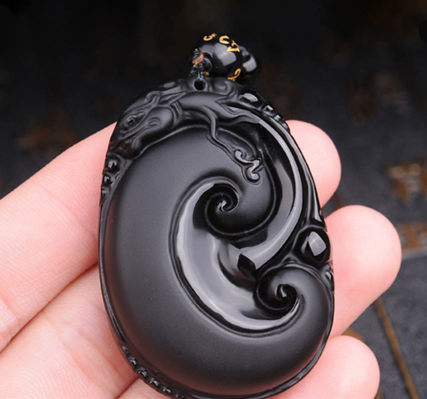 Nimara Ritual Natural Black Obsidian PiXiu Oval Pattern Strength Necklace Pendant