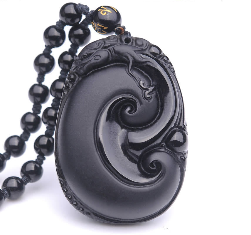 Nimara Ritual Natural Black Obsidian PiXiu Oval Pattern Strength Necklace Pendant
