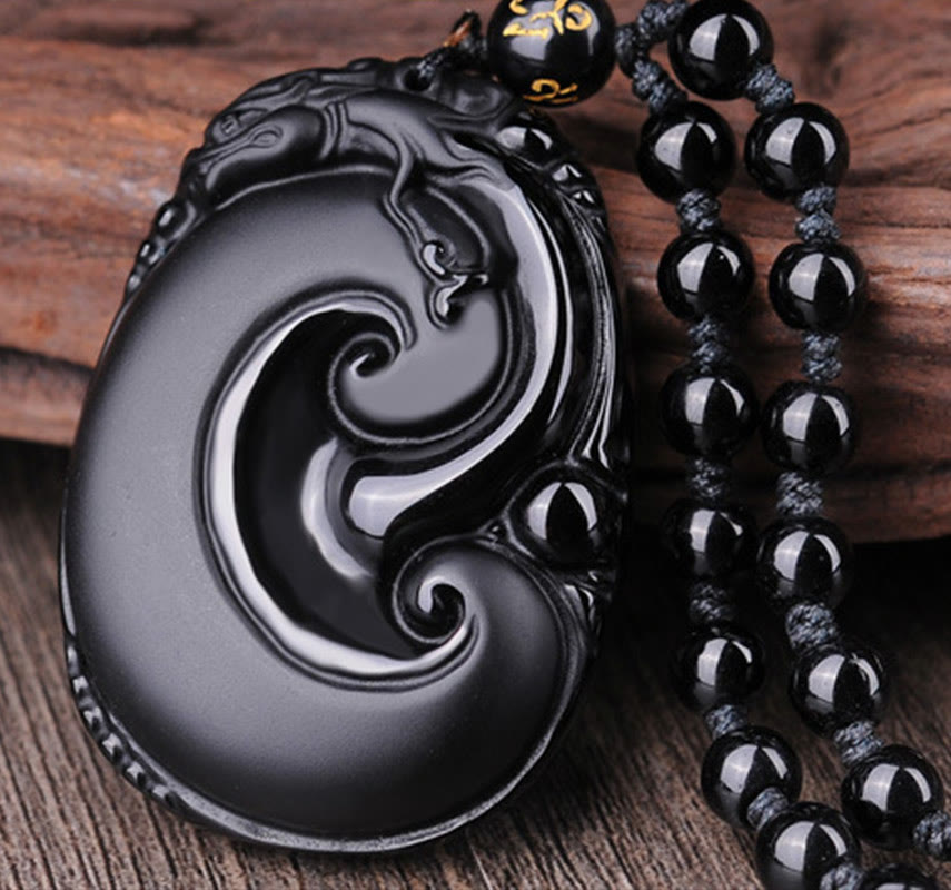 Nimara Ritual Natural Black Obsidian PiXiu Oval Pattern Strength Necklace Pendant