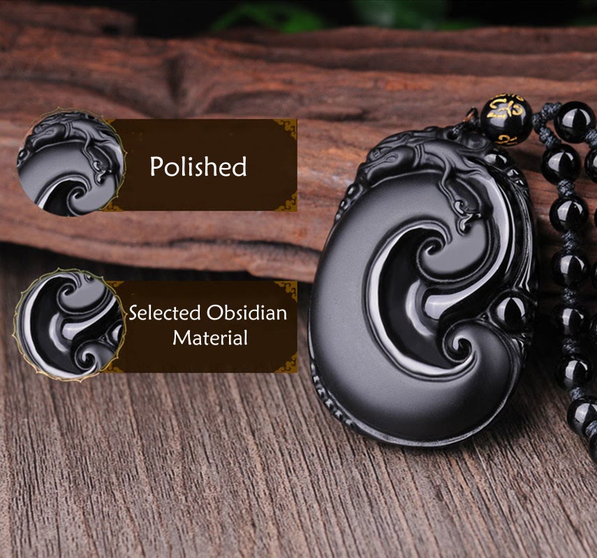Nimara Ritual Natural Black Obsidian PiXiu Oval Pattern Strength Necklace Pendant