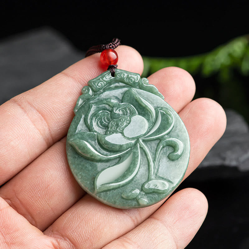 Nimara Ritual Round Lotus Pattern Jade Abundance Prosperity Necklace Rope Pendant