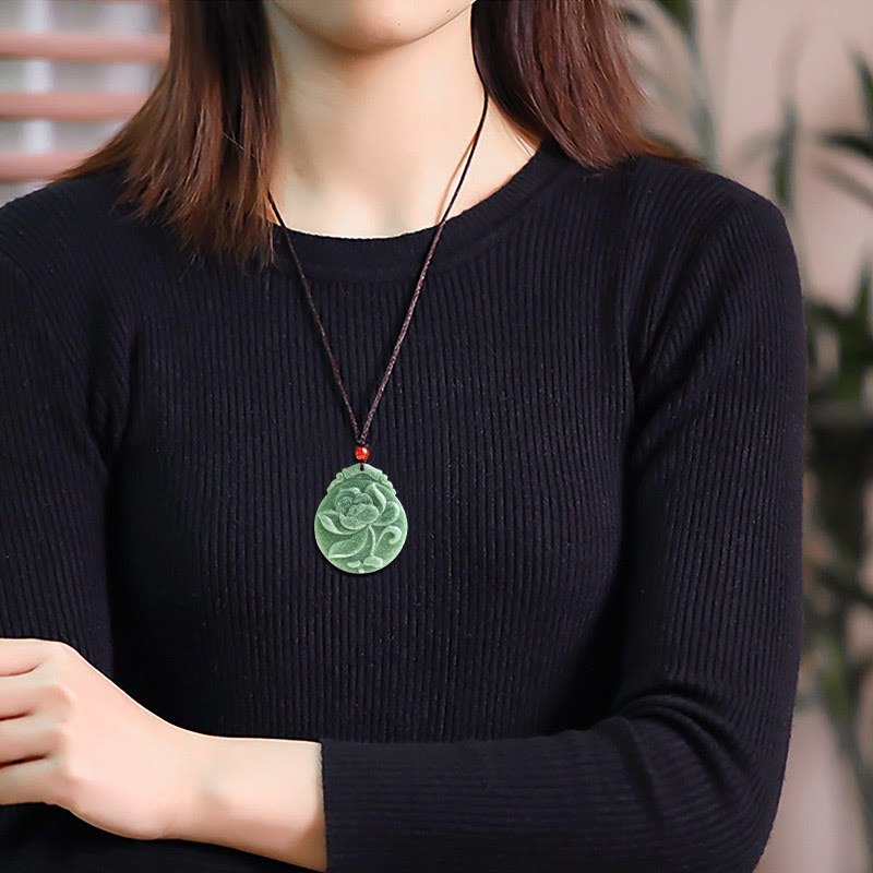 Nimara Ritual Round Lotus Pattern Jade Abundance Prosperity Necklace Rope Pendant