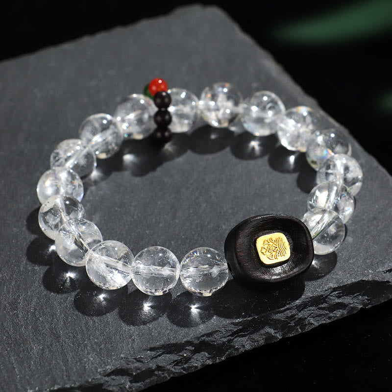 Nimara Ritual White Crystal Ebony Wood Sak Yant Zashi Lhamo Healing Bracelet