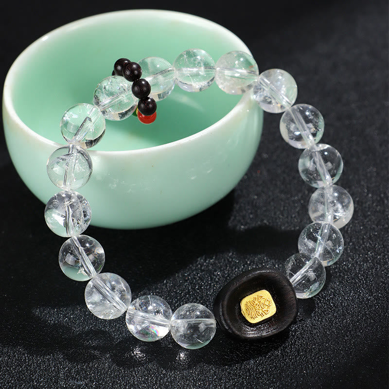 Nimara Ritual White Crystal Ebony Wood Sak Yant Zashi Lhamo Healing Bracelet