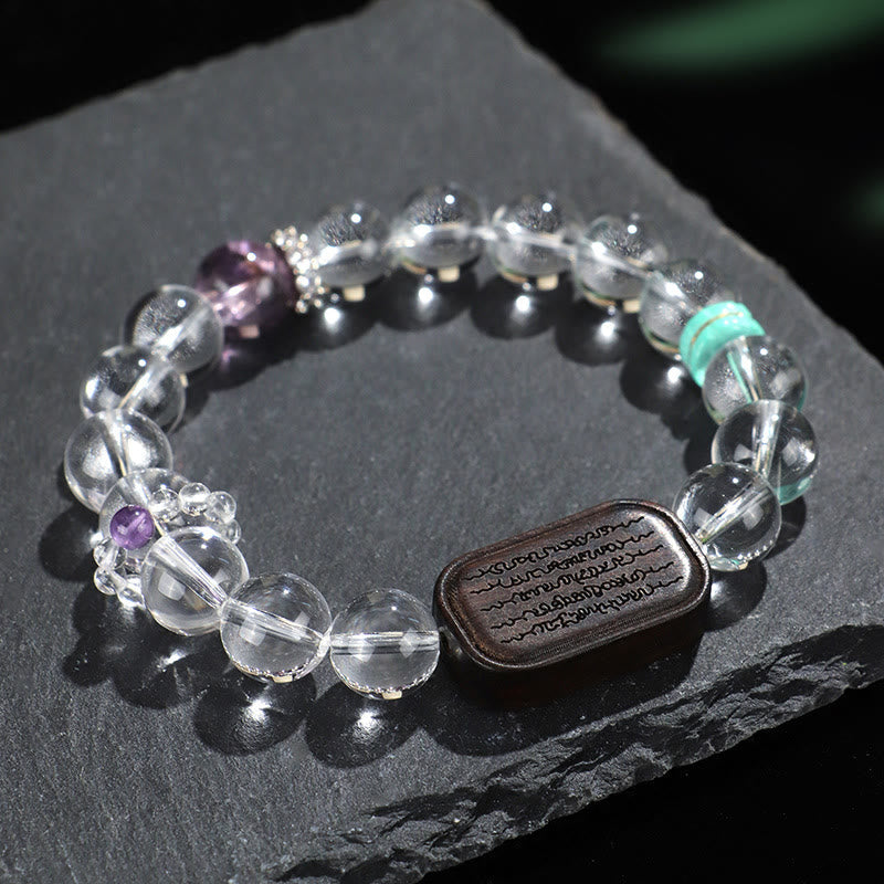 Nimara Ritual White Crystal Ebony Wood Sak Yant Zashi Lhamo Healing Bracelet