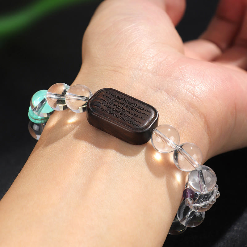 Nimara Ritual White Crystal Ebony Wood Sak Yant Zashi Lhamo Healing Bracelet