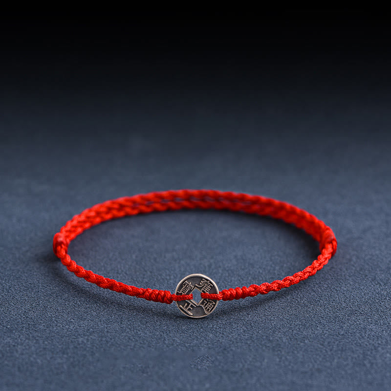 Nimara Ritual 925 Sterling Silver Five Emperor Coins Red String Protection Luck Braided Bracelet Anklet