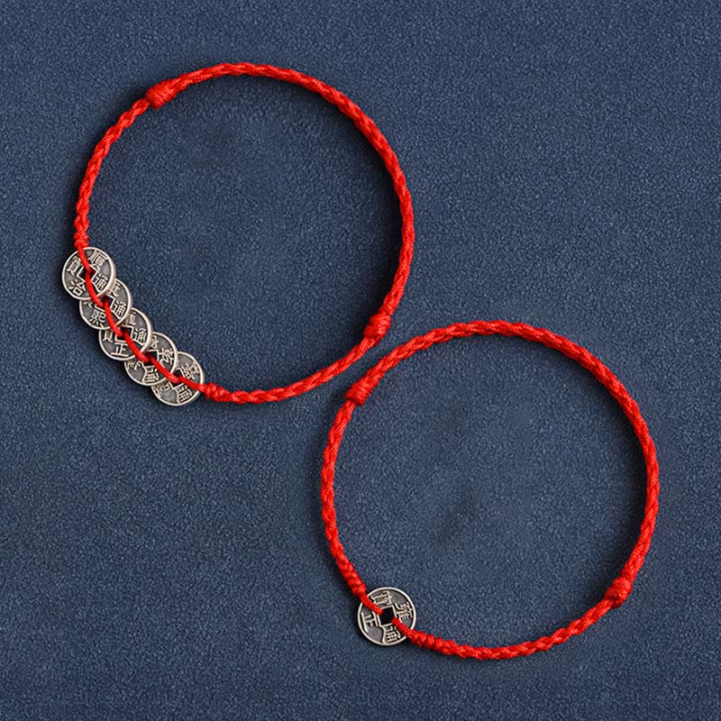 Nimara Ritual 925 Sterling Silver Five Emperor Coins Red String Protection Luck Braided Bracelet Anklet