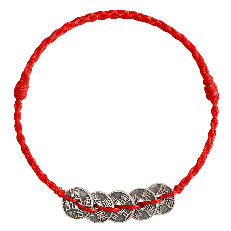 Nimara Ritual 925 Sterling Silver Five Emperor Coins Red String Protection Luck Braided Bracelet Anklet