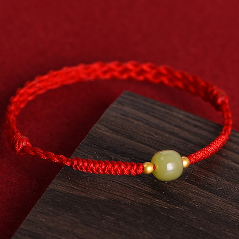 Nimara Ritual Natural Hetian Jade 999 Gold Beads Protection Luck Braided Bracelet Anklet