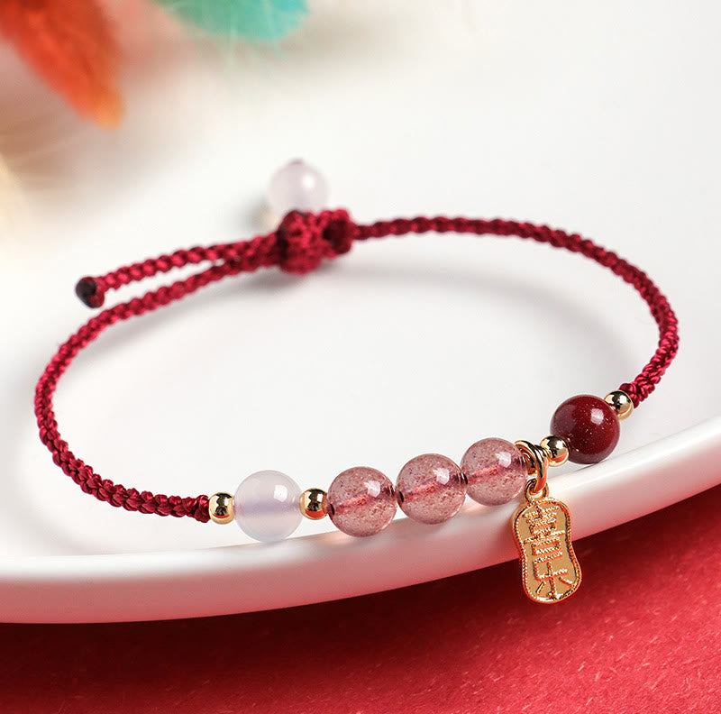 Nimara Ritual Natural Strawberry Quartz Jade White Agate Red String Positive Bracelet