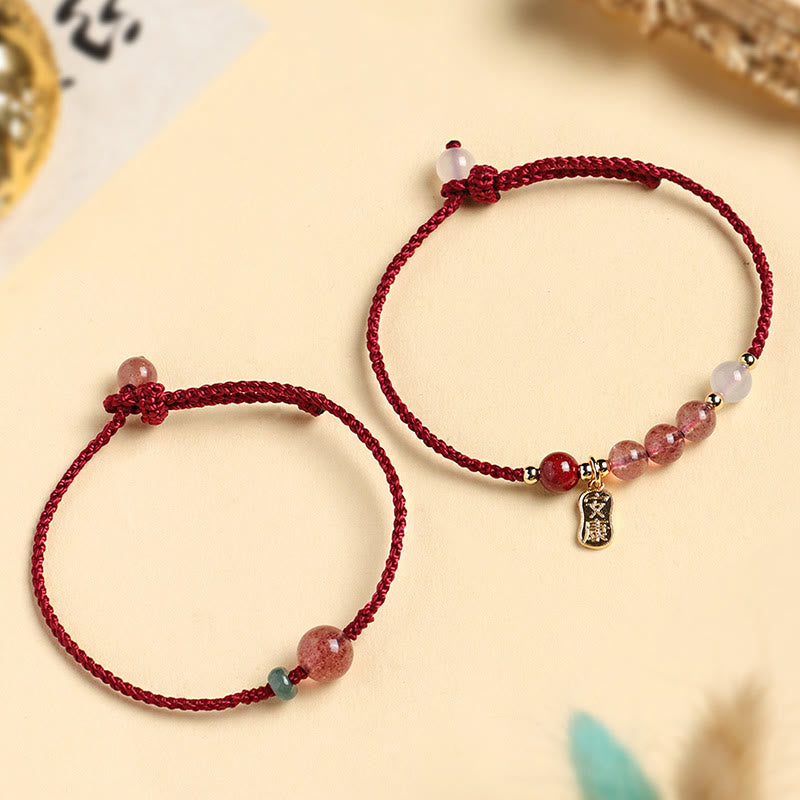 Nimara Ritual Natural Strawberry Quartz Jade White Agate Red String Positive Bracelet
