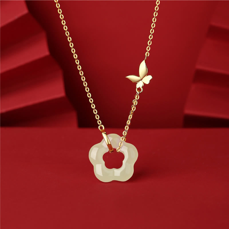 Nimara Ritual 925 Sterling Silver Butterfly Hetian Jade Flower Blessing Necklace Pendant