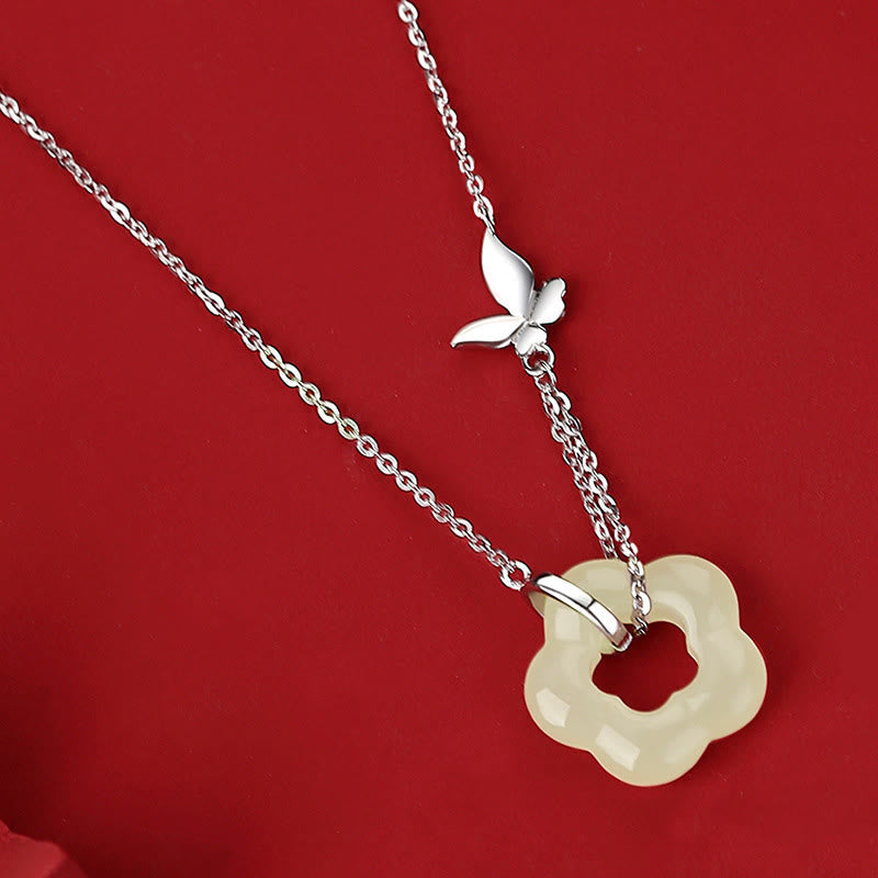 Nimara Ritual 925 Sterling Silver Butterfly Hetian Jade Flower Blessing Necklace Pendant