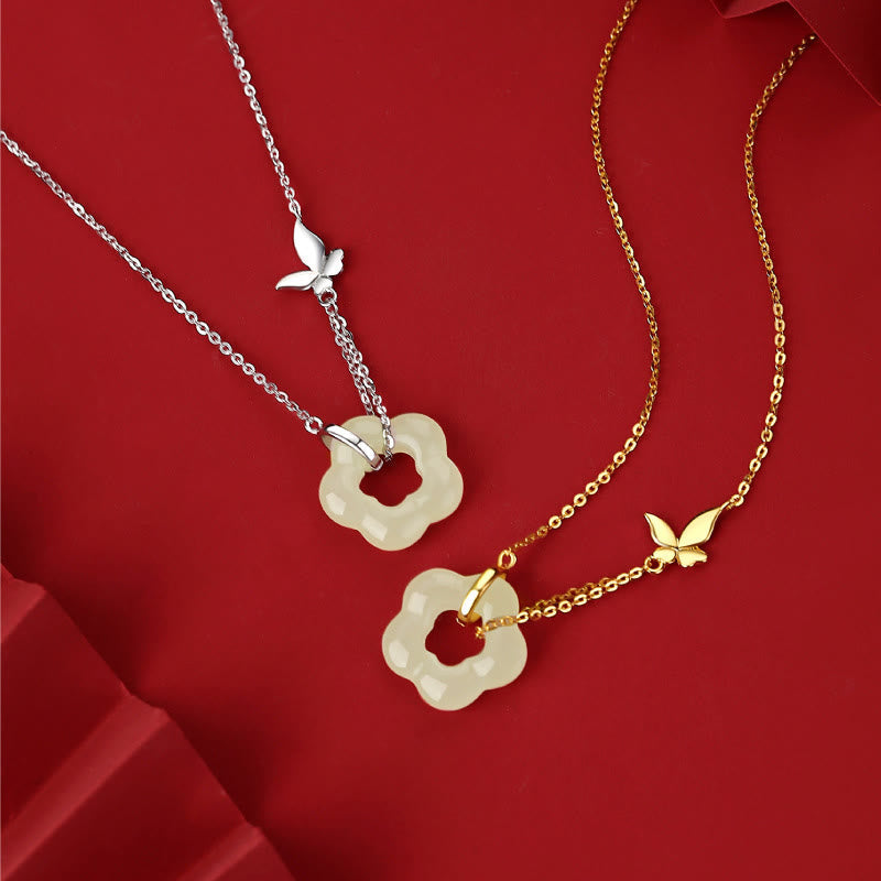 Nimara Ritual 925 Sterling Silver Butterfly Hetian Jade Flower Blessing Necklace Pendant