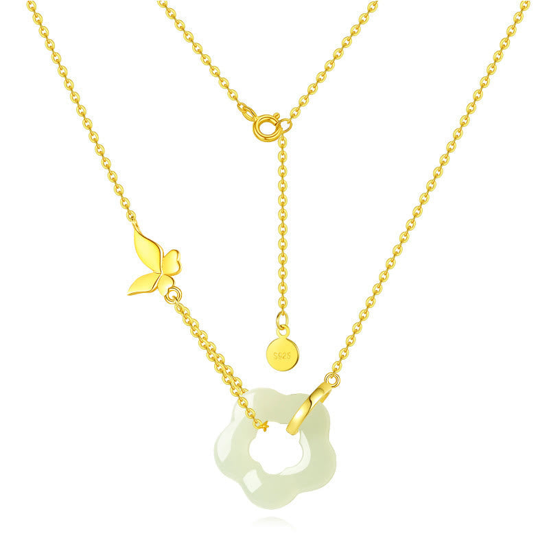 Nimara Ritual 925 Sterling Silver Butterfly Hetian Jade Flower Blessing Necklace Pendant