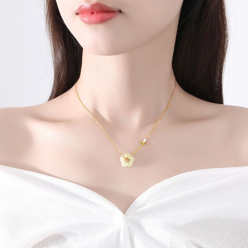 Nimara Ritual 925 Sterling Silver Butterfly Hetian Jade Flower Blessing Necklace Pendant