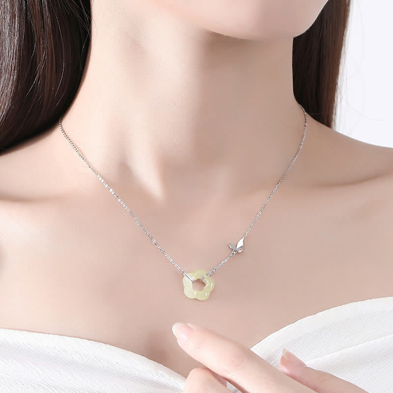Nimara Ritual 925 Sterling Silver Butterfly Hetian Jade Flower Blessing Necklace Pendant