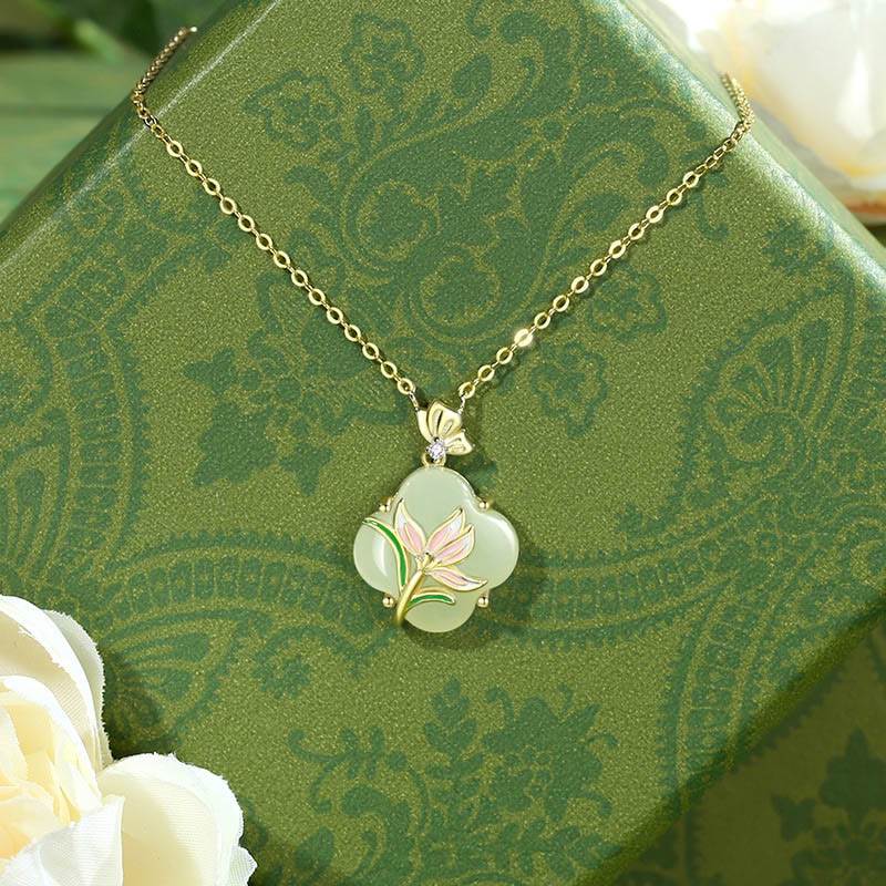 Nimara Ritual 925 Sterling Silver Magnolia Butterfly Hetian Jade Four Leaf Clover Blessing Earrings Necklace Pendant