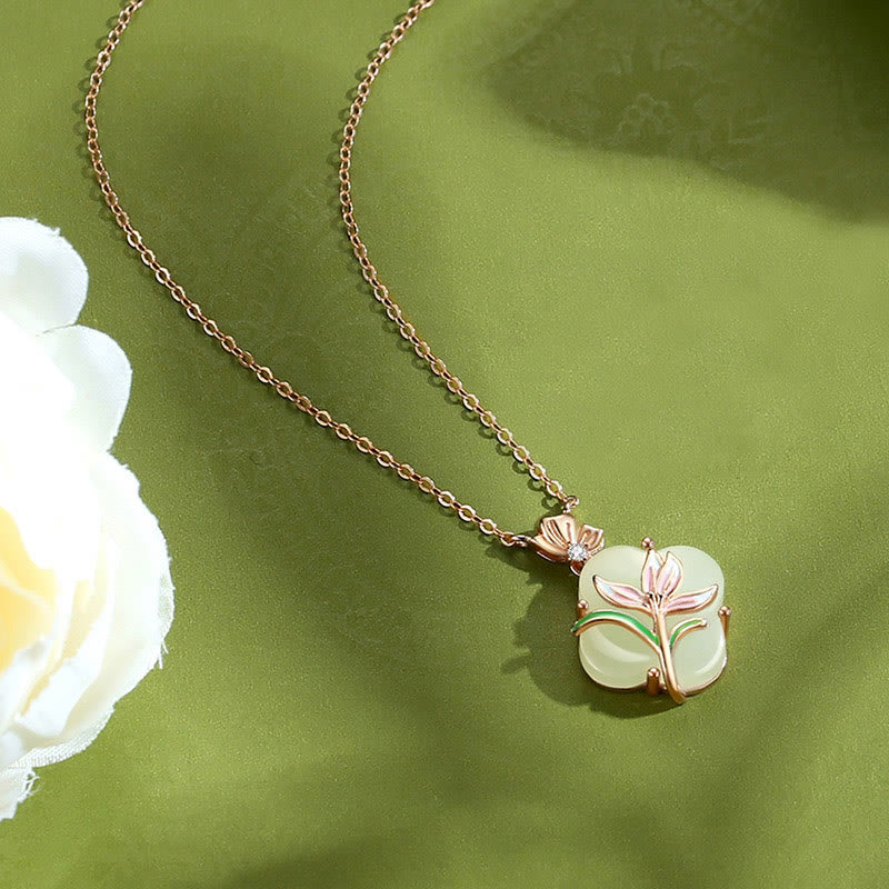 Nimara Ritual 925 Sterling Silver Magnolia Butterfly Hetian Jade Four Leaf Clover Blessing Earrings Necklace Pendant