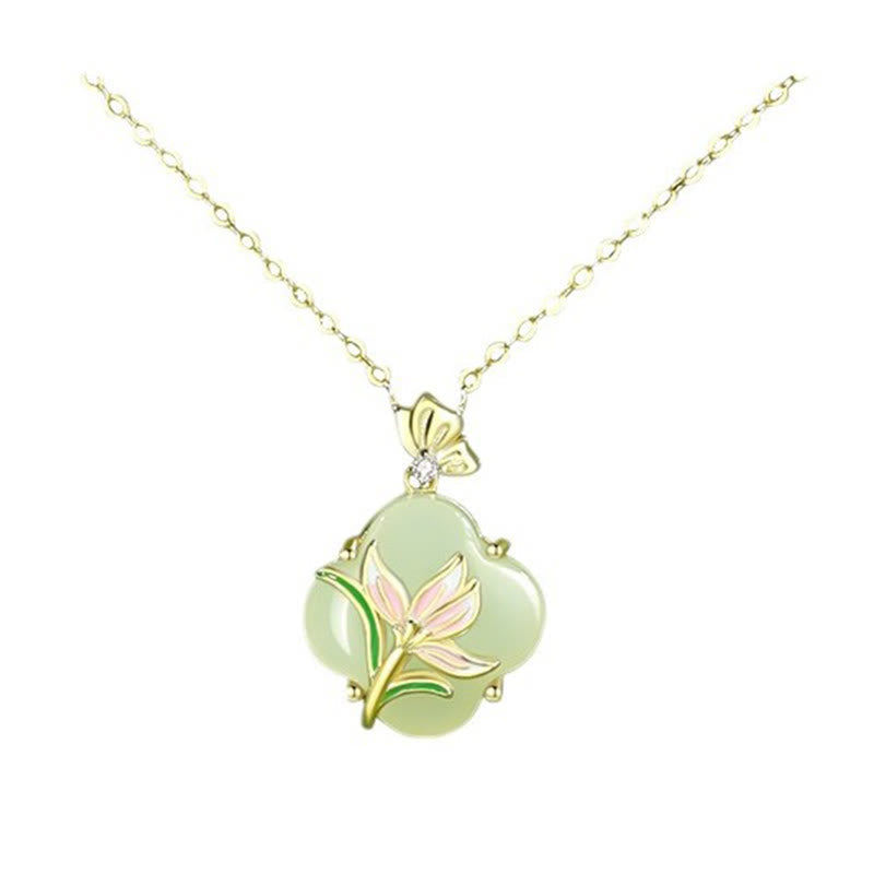Nimara Ritual 925 Sterling Silver Magnolia Butterfly Hetian Jade Four Leaf Clover Blessing Earrings Necklace Pendant