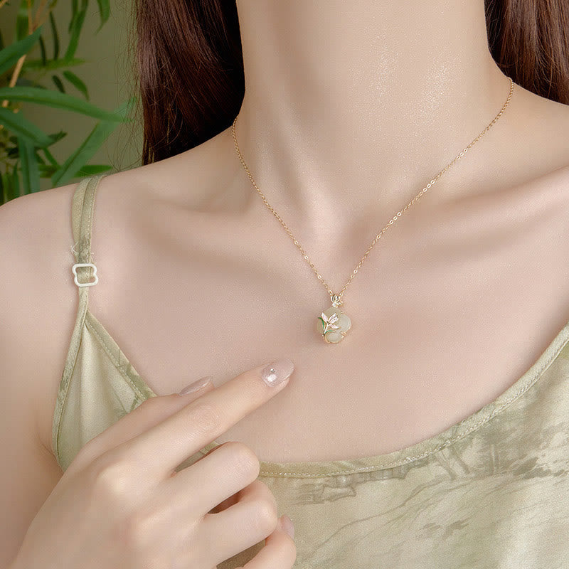 Nimara Ritual 925 Sterling Silver Magnolia Butterfly Hetian Jade Four Leaf Clover Blessing Earrings Necklace Pendant