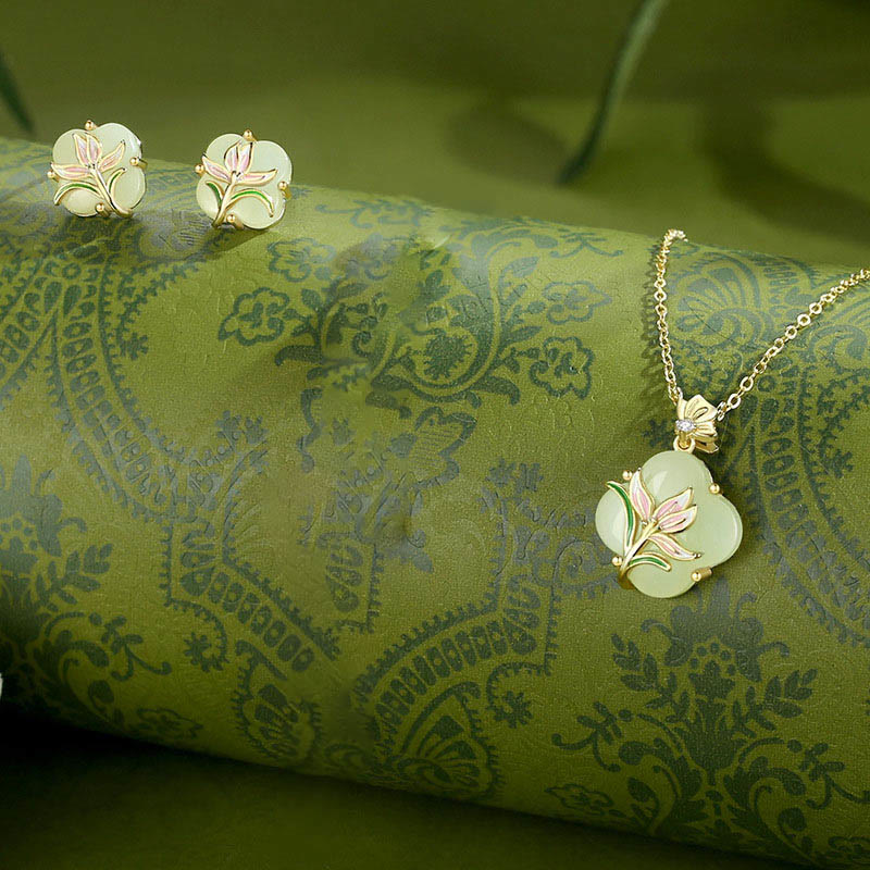 Nimara Ritual 925 Sterling Silver Magnolia Butterfly Hetian Jade Four Leaf Clover Blessing Earrings Necklace Pendant