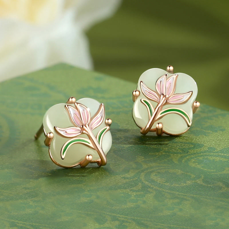 Nimara Ritual 925 Sterling Silver Magnolia Butterfly Hetian Jade Four Leaf Clover Blessing Earrings Necklace Pendant