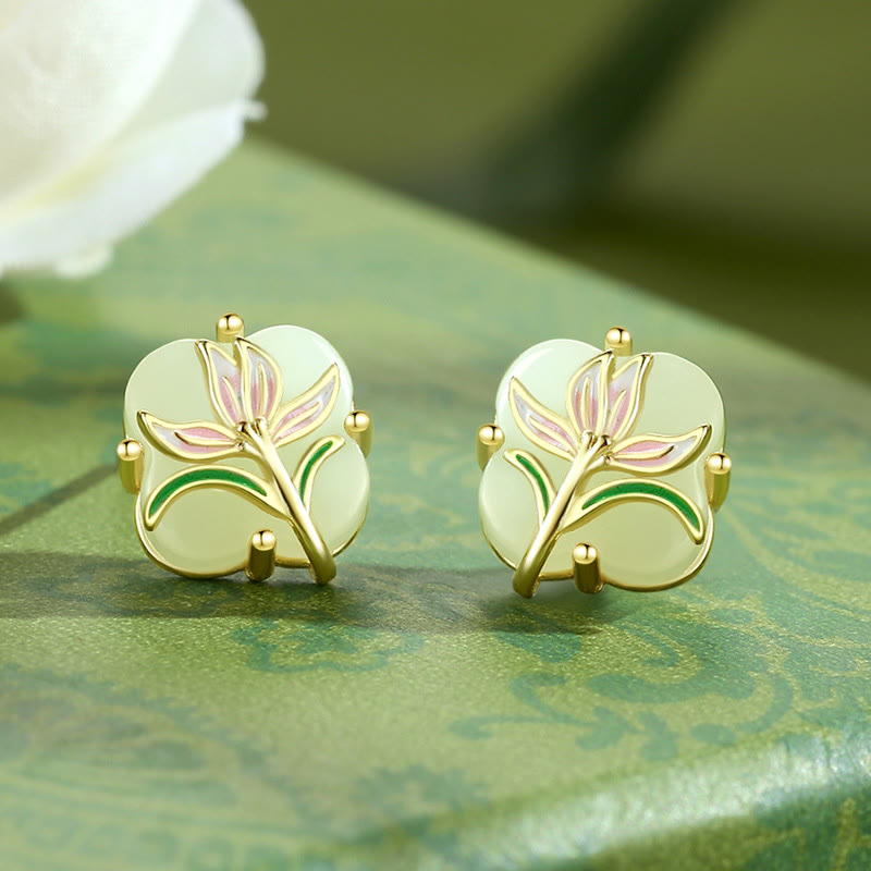 Nimara Ritual 925 Sterling Silver Magnolia Butterfly Hetian Jade Four Leaf Clover Blessing Earrings Necklace Pendant