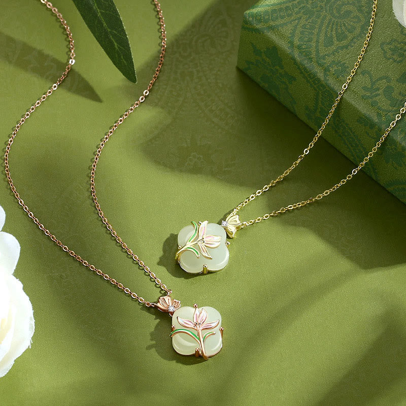 Nimara Ritual 925 Sterling Silver Magnolia Butterfly Hetian Jade Four Leaf Clover Blessing Earrings Necklace Pendant