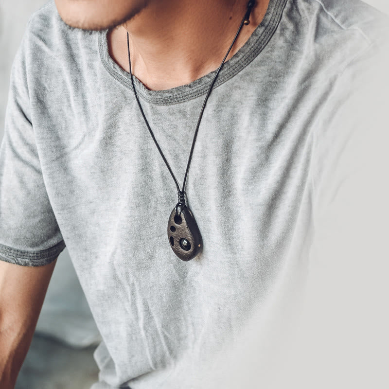 Nimara Ritual Ebony Wood Hollow Inlaid Obsidian Peace Calm Necklace Pendant