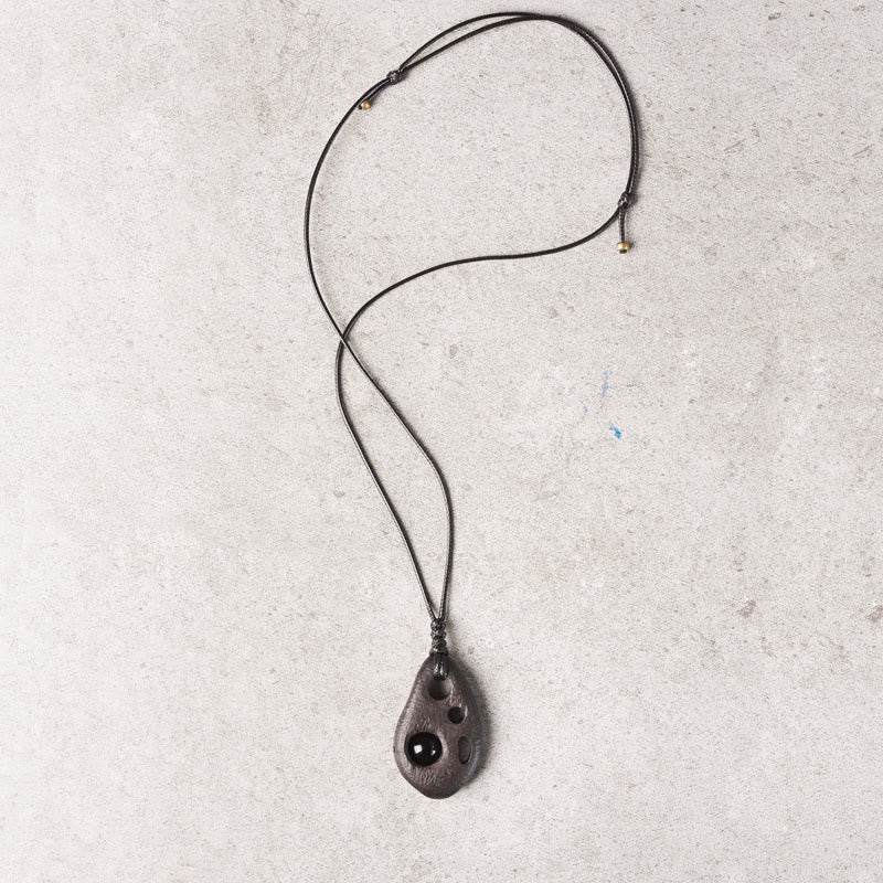 Nimara Ritual Ebony Wood Hollow Inlaid Obsidian Peace Calm Necklace Pendant