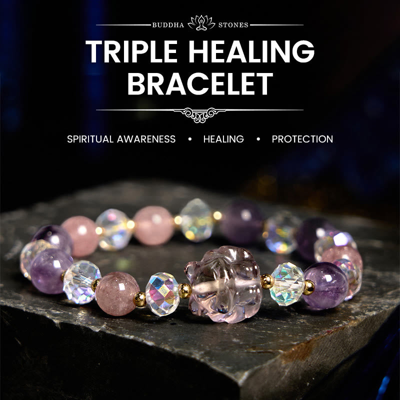 Nimara Ritual Amethyst Strawberry Quartz White Crystal Nine Tailed Fox Meditation Bracelet