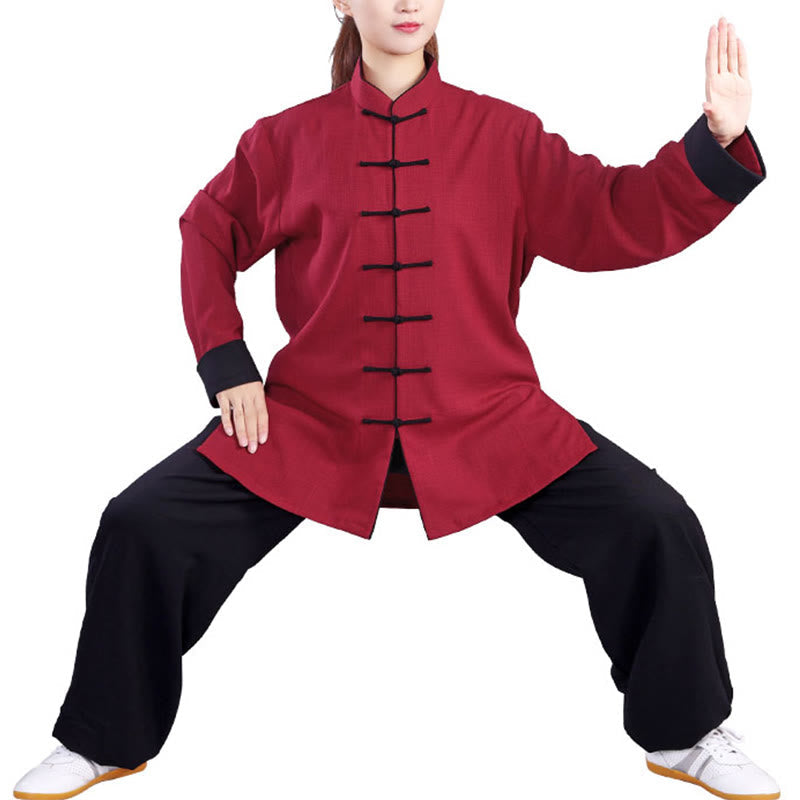 Nimara Ritual 2Pcs Fall Winter Frog-Button Tai Chi Meditation Qigong Zen Practice Unisex Cotton Linen Clothing Set