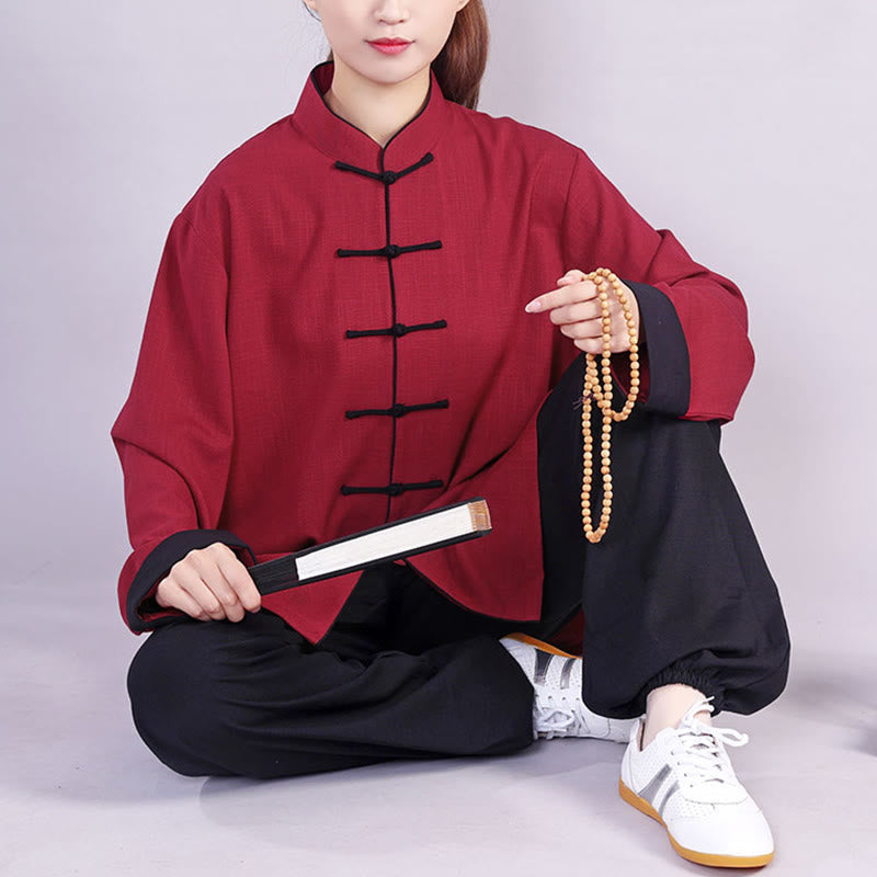 Nimara Ritual 2Pcs Fall Winter Frog-Button Tai Chi Meditation Qigong Zen Practice Unisex Cotton Linen Clothing Set