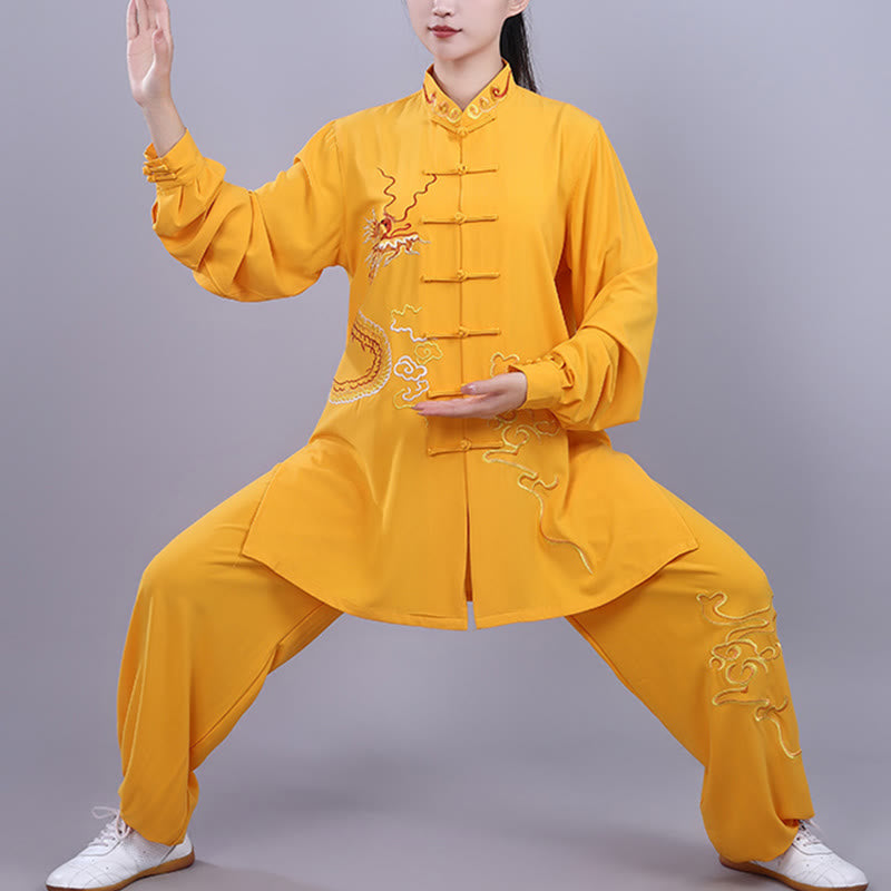 Nimara Ritual 2Pcs Fall Embroidery Dragon Frog-Button Tai Chi Meditation Qigong Zen Practice Unisex Cotton Clothing Set