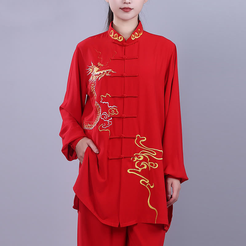 Nimara Ritual 2Pcs Fall Embroidery Dragon Frog-Button Tai Chi Meditation Qigong Zen Practice Unisex Cotton Clothing Set