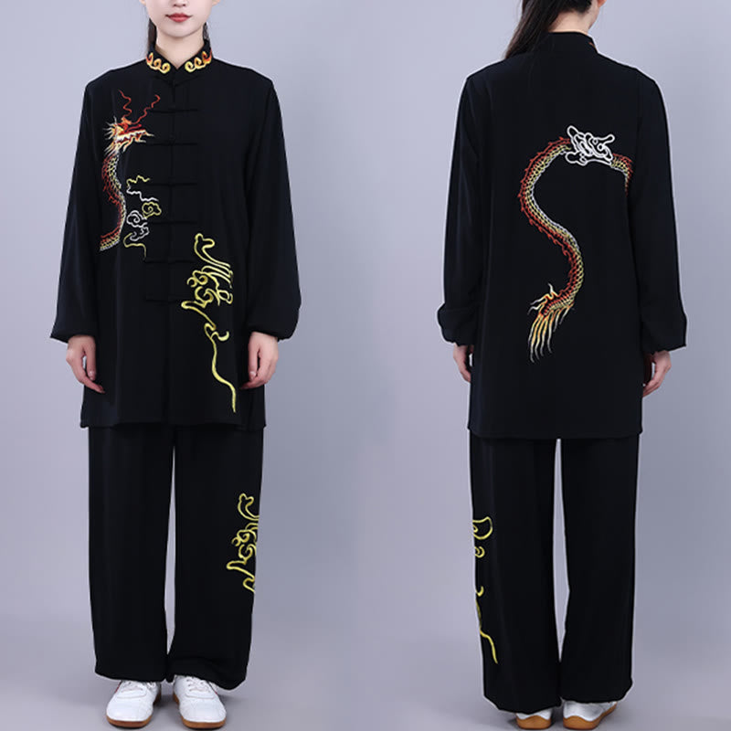 Nimara Ritual 2Pcs Fall Embroidery Dragon Frog-Button Tai Chi Meditation Qigong Zen Practice Unisex Cotton Clothing Set