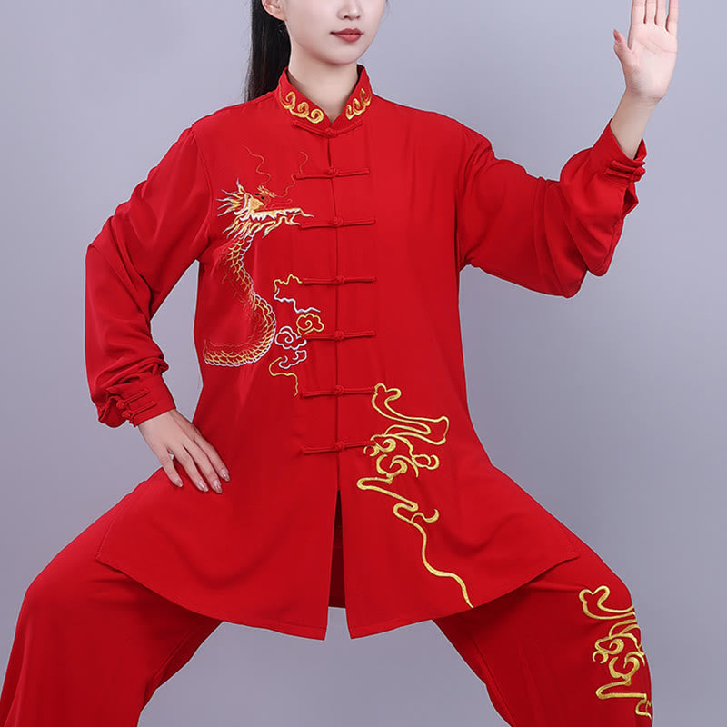 Nimara Ritual 2Pcs Fall Embroidery Dragon Frog-Button Tai Chi Meditation Qigong Zen Practice Unisex Cotton Clothing Set