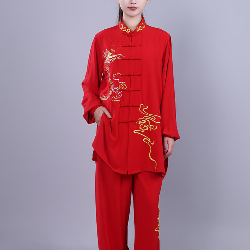 Nimara Ritual 2Pcs Fall Embroidery Dragon Frog-Button Tai Chi Meditation Qigong Zen Practice Unisex Cotton Clothing Set