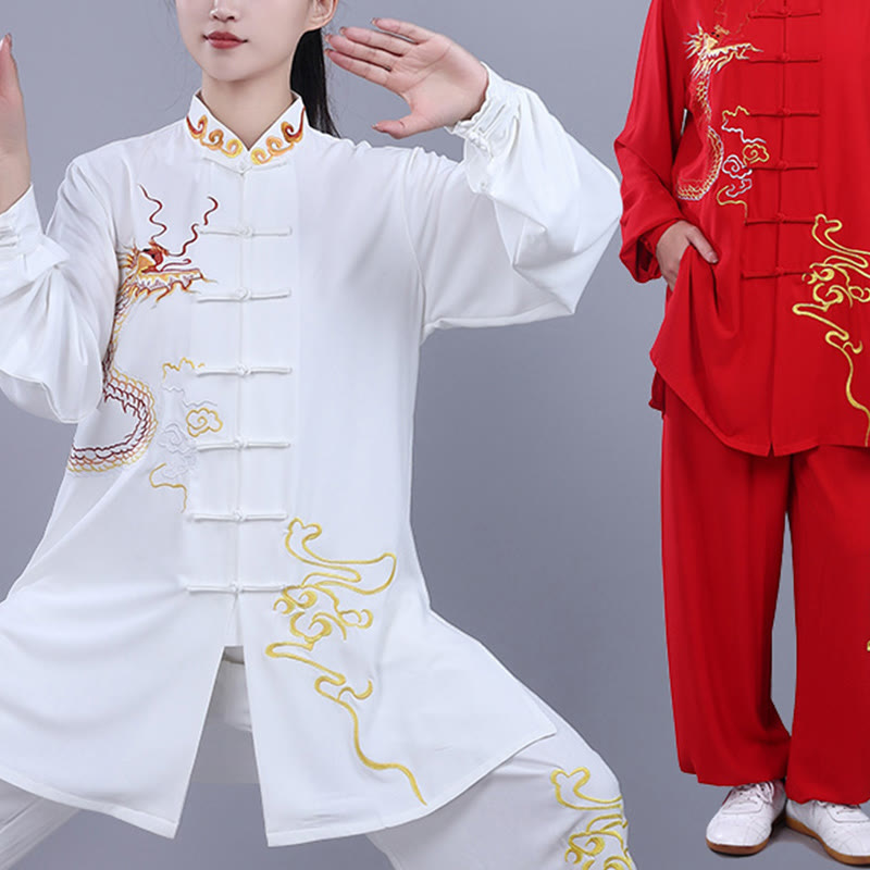 Nimara Ritual 2Pcs Fall Embroidery Dragon Frog-Button Tai Chi Meditation Qigong Zen Practice Unisex Cotton Clothing Set
