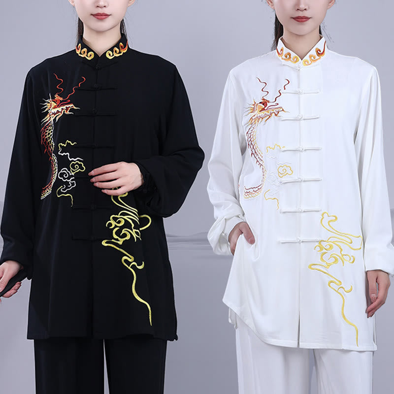 Nimara Ritual 2Pcs Fall Embroidery Dragon Frog-Button Tai Chi Meditation Qigong Zen Practice Unisex Cotton Clothing Set