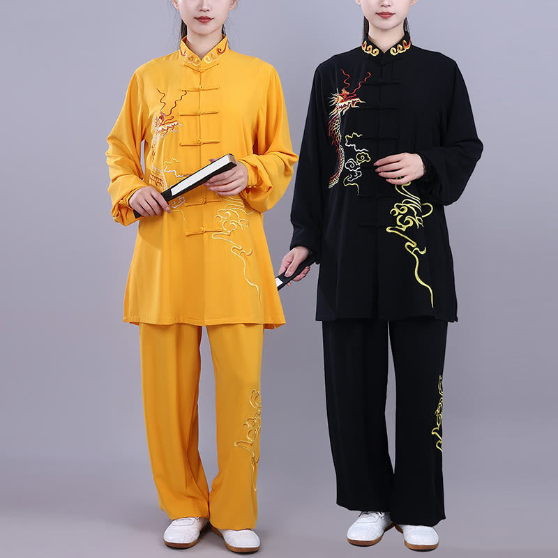 Nimara Ritual 2Pcs Fall Embroidery Dragon Frog-Button Tai Chi Meditation Qigong Zen Practice Unisex Cotton Clothing Set