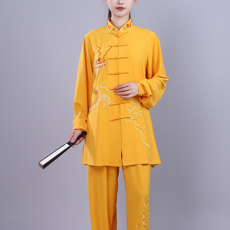 Nimara Ritual 2Pcs Fall Embroidery Dragon Frog-Button Tai Chi Meditation Qigong Zen Practice Unisex Cotton Clothing Set